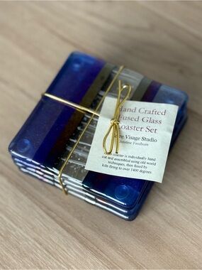 Hand Crafted Fused Glass Coaster Set - Blue & Purple